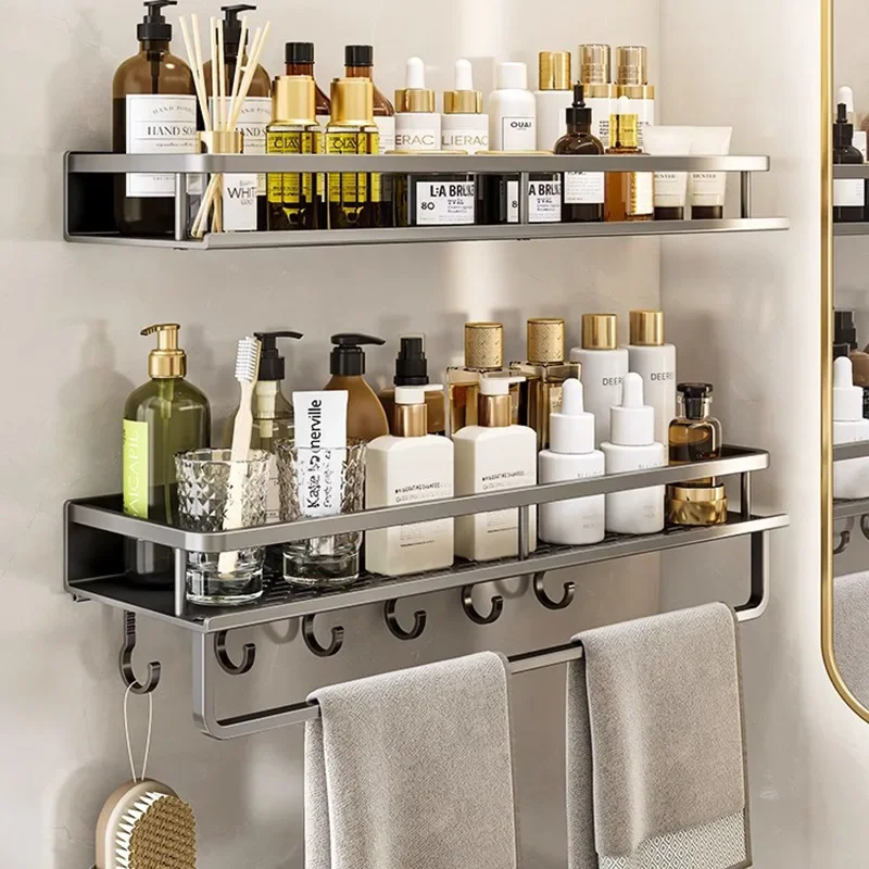 Bathroom Organizer Without Drilling Wall Aluminum Shower Shelf Shampoo Holder Gray Toilet Storage Rack Bathroom Accessories