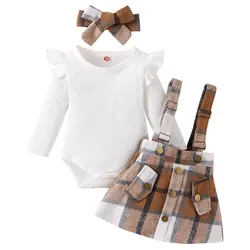 Baby Girl Autumn Clothes Set Fashion Newborn Infant Cotton Ruffle Romper Plaid Suspender Skirt Headband 3Pcs For Toddler Outfits