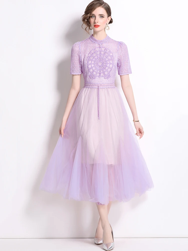 Purple Embroidery Lace Mesh Dresses Spring Women Hollow Out Sheer Long Dress Summer High Waist Round Neck Short Sleeved Dress
