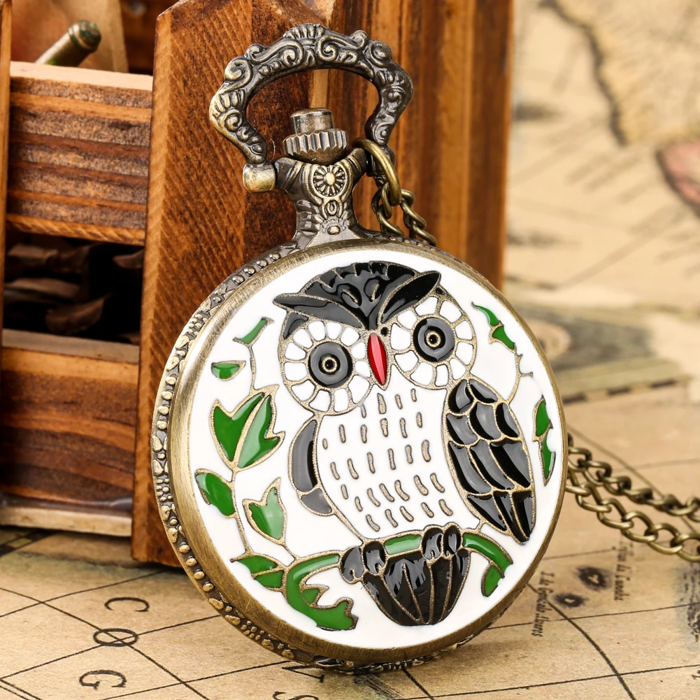 High Quality Drop Glue Owl Pocket Watch Full Hunter Quartz Necklace Lovely Animal Watch Antique Pendant Antique Clock FOB Gifts