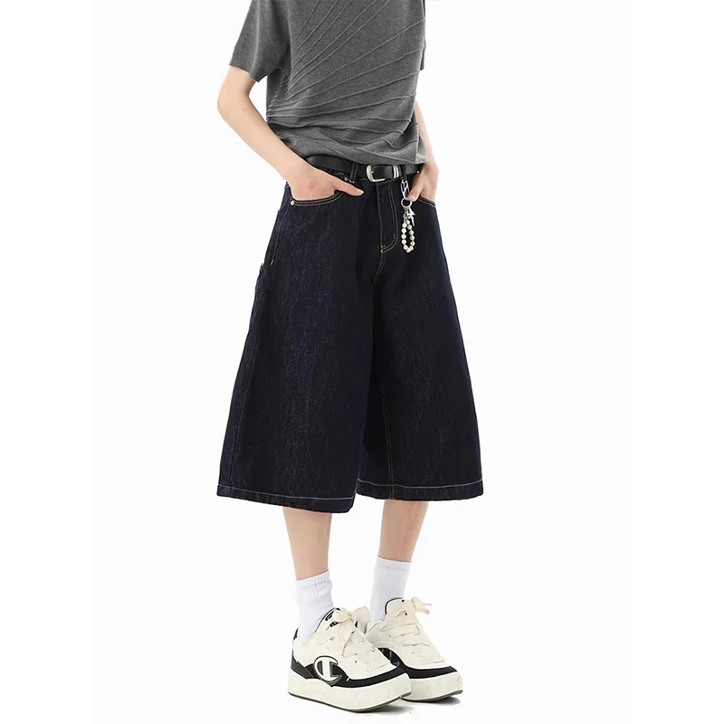 Streetwear Men's Denim Shorts Multi Pocket Contrast Stitch Dark Wash Baggy Fit Knee Length Pants Summer