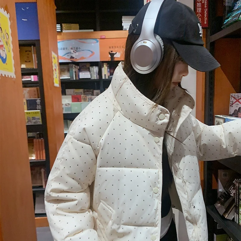 سترة نسائية قطنية منقطة حلوة شتوية جديدة بأكمام طويلة متعددة الاستخدامات فضفاضة على الموضة للطلاب وياقة واقفة معطف قصير #3