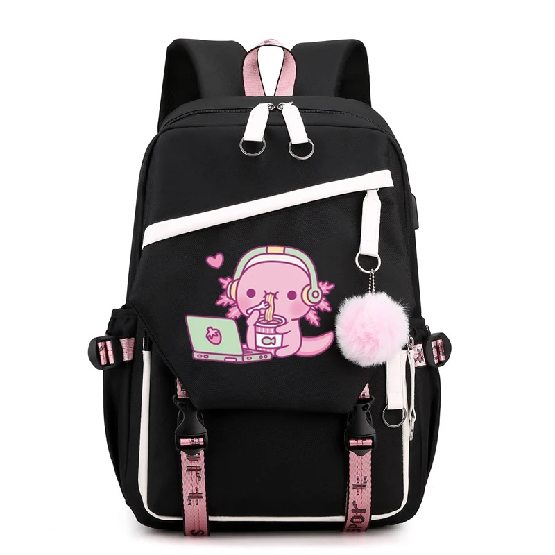 

Nylon Backpack for Women Large Capacity Shoulder Bagpack Cute Axolotl Loves Instant Noodles Anime Girls School Bags Cartoon Bags