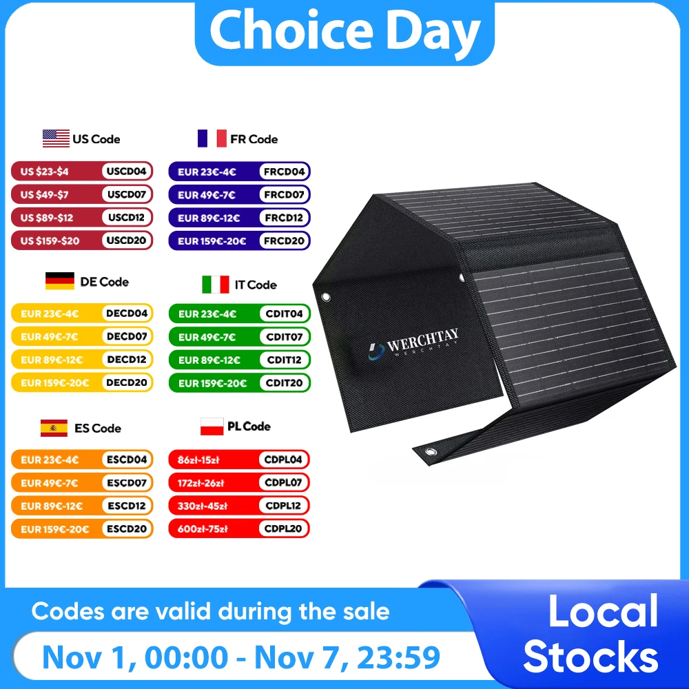 

WERCHTAY 40 Вт, 30 Вт, 20 Вт, складная солнечная панель, IP67, водонепроницаемое портативное солнечное зарядное устройство, 3 выходных порта для кемпинга, пешего туризма, автофургона на открытом воздухе