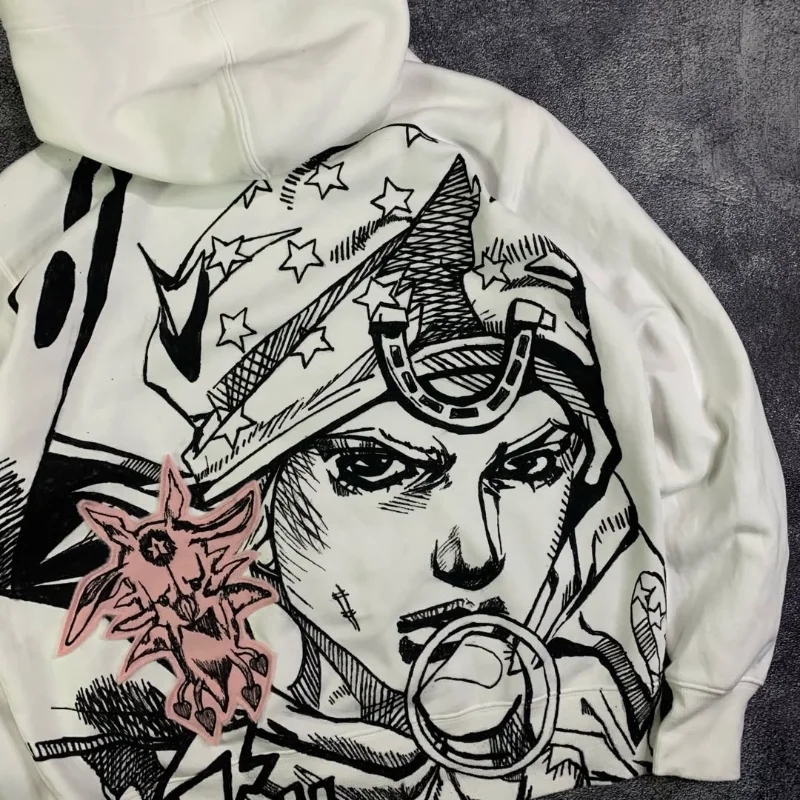 Y2K Retro Harajuku White Pullover Hoodie Vintage Anime Manga Graphic Print Streetwear Casual Loose Men Women Sweatshirt - Image 3