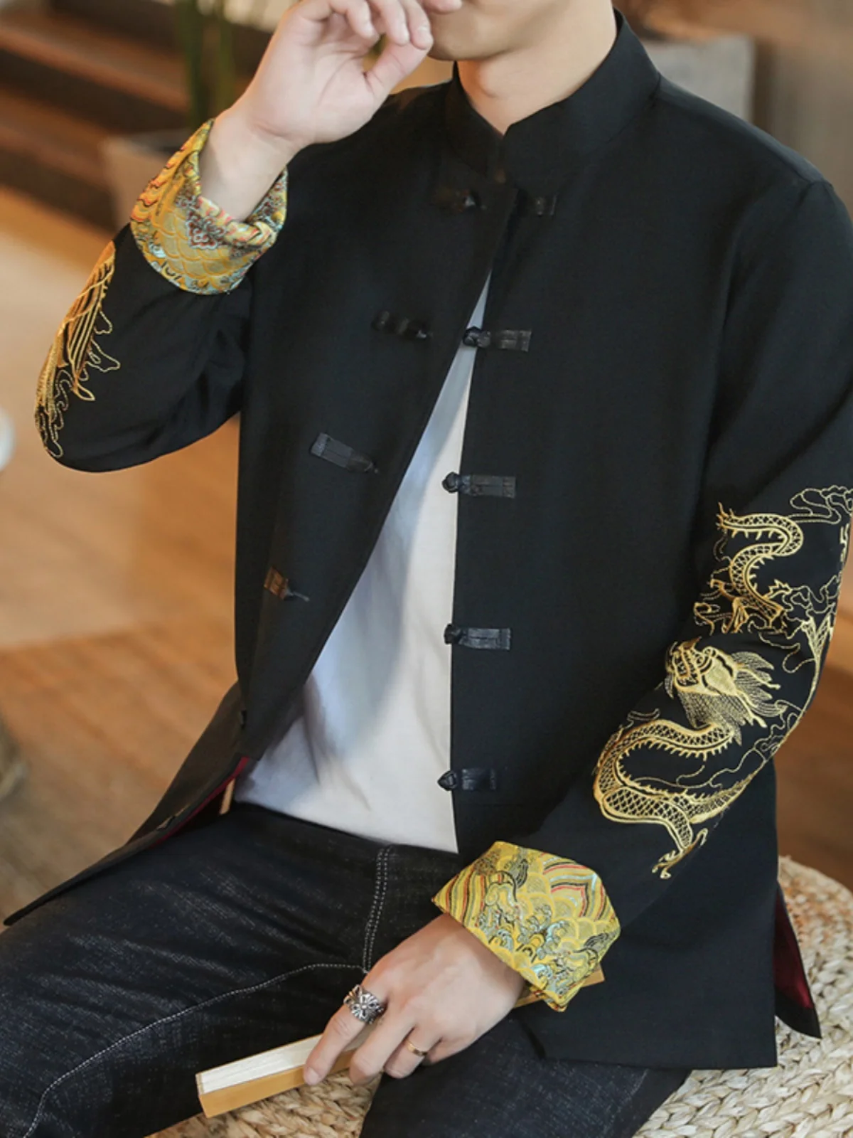 

Autumn Faion Men's Chinese Sle Jaet Embroidered Performance Clothes Streetwear Urban Faion Stand Fit Long Sve