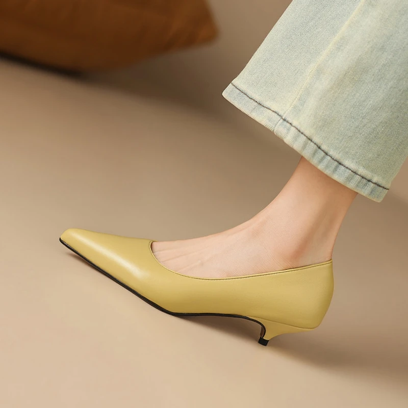 NEW Summer/Autumn Women Pumps Genuine Leather Shoes for Women Pointed Toe Thin Heel Shoes Slip-on Shollow High Heels Daily Shoes