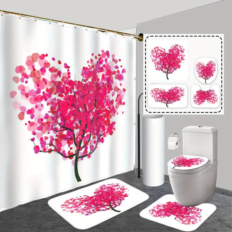 4pcs Nunoshin Valentine'S Day Shower Curtain Set, Water-Resistant Polyester with Non-Slip Rugs, Toilet Lid Cover & Hooks, Hand W