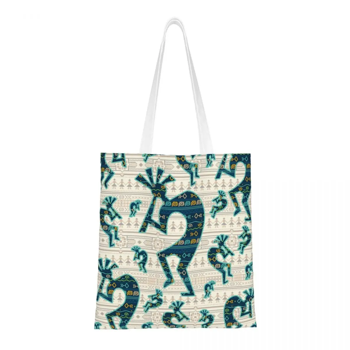 Custom Kokopelli With Ethnic Pattern On Tribal Pattern Groceries Shopping Tote Bag Women Canvas Shopper Shoulder Bags Handbag