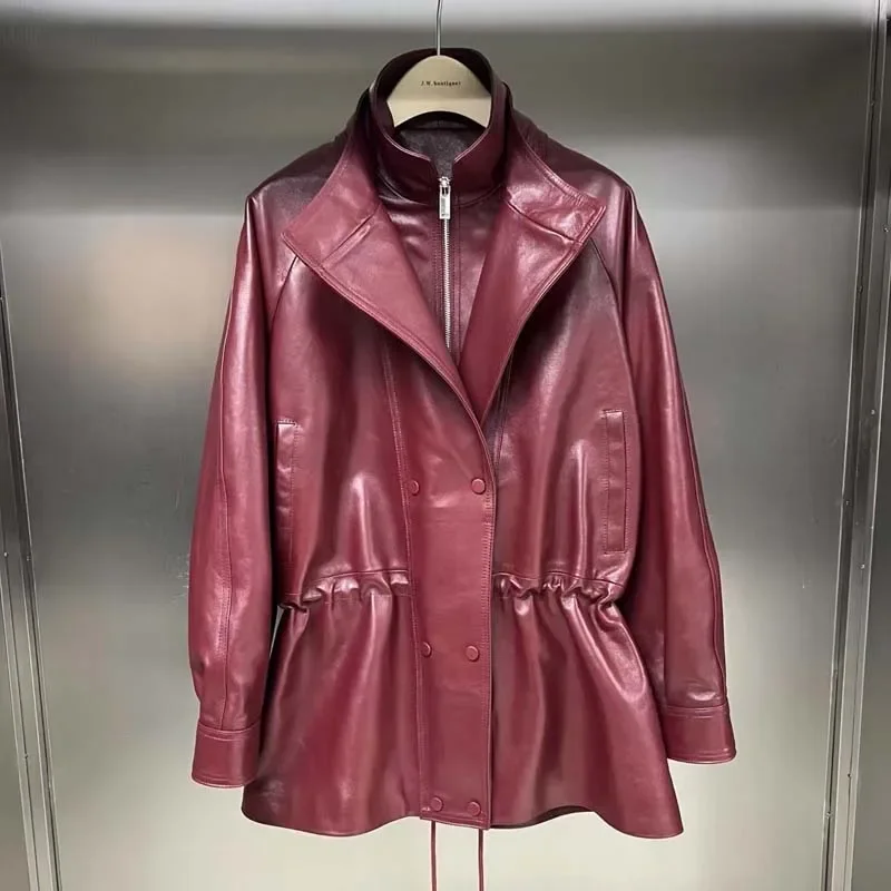 Damen-Jacke aus echtem Leder, normale Länge, Frühlingsmantel, plissierte Taille, doppeltes Revers-Design, natürliches echtes Schaffell