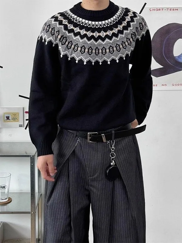 

Корейский свитер ранней осени Fair Isle Knit Long Sve для мужчин и женщин, мягкий ленивый вязаный топ, модный повседневный