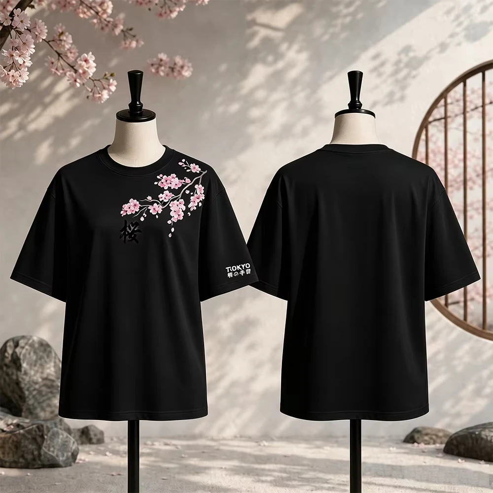 Unisex Summer Cherry Blossom Pattern Japanese Style Loose-Tee Shirt Parent-Child Daily Wear Trendy Versatile Loose Fit Tee