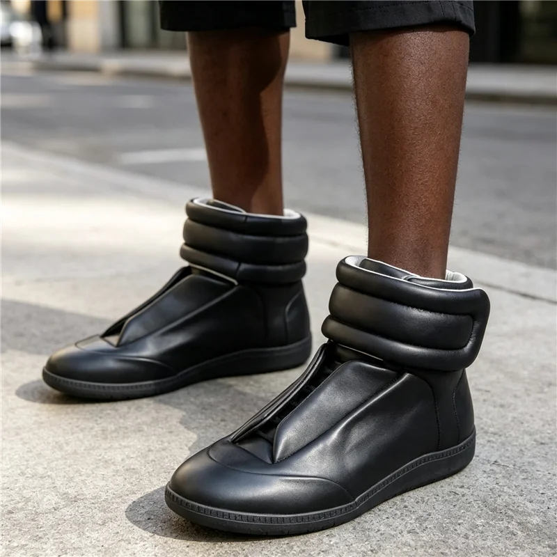 Women Futuristic Slip On High Top Ankle Boots Padded Fold Cuff Leather Flat Sneakers Streetwear Round Toe Casual Short Booties - view 4