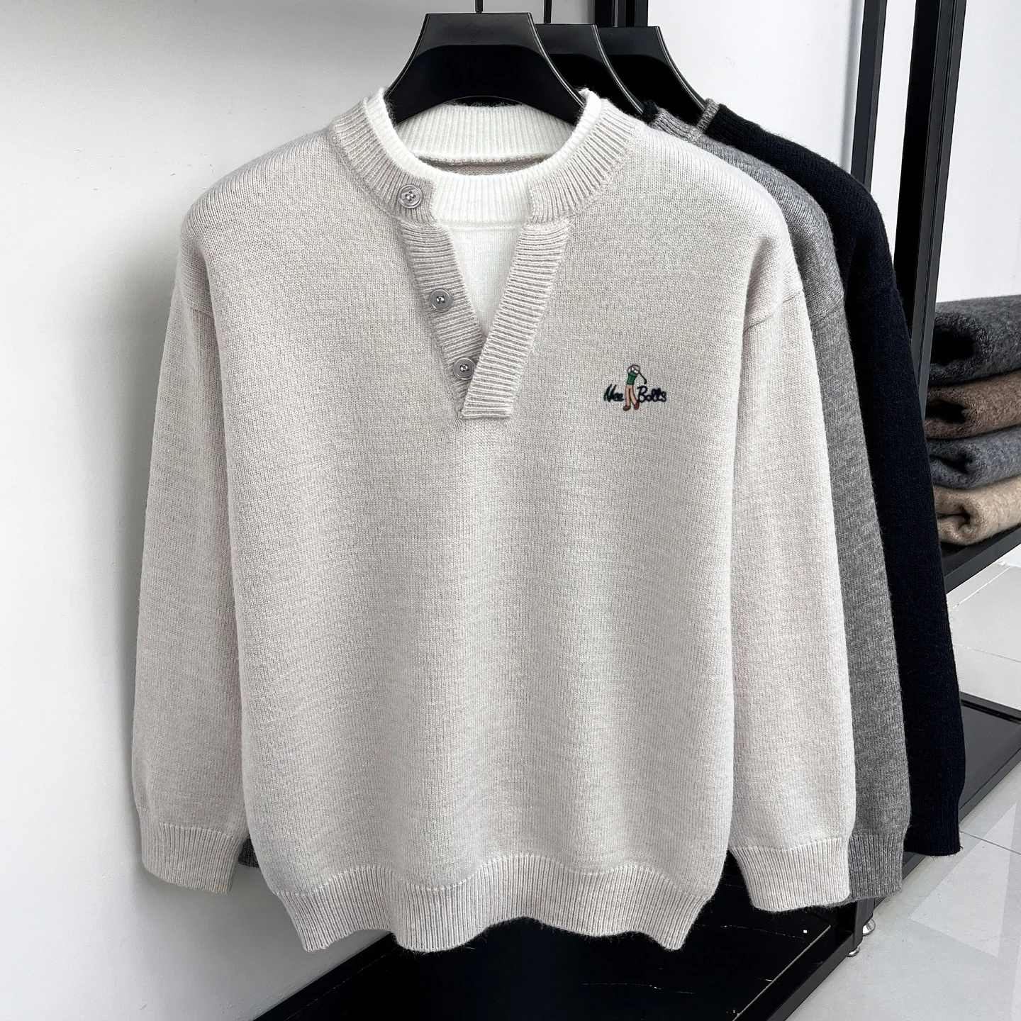 Brand fashion embroidery fake two piece sweater men's luxury autumn winter comfort soft round neck golf casual knitted pullover