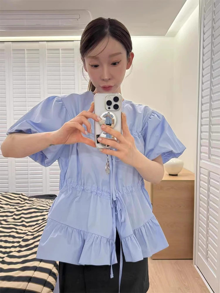 

Clothland Women Sweet Bow Tie Blouse Lace Up Short Sleeve Shirt Female Summer Casual Fashion Tops Blusa DA608