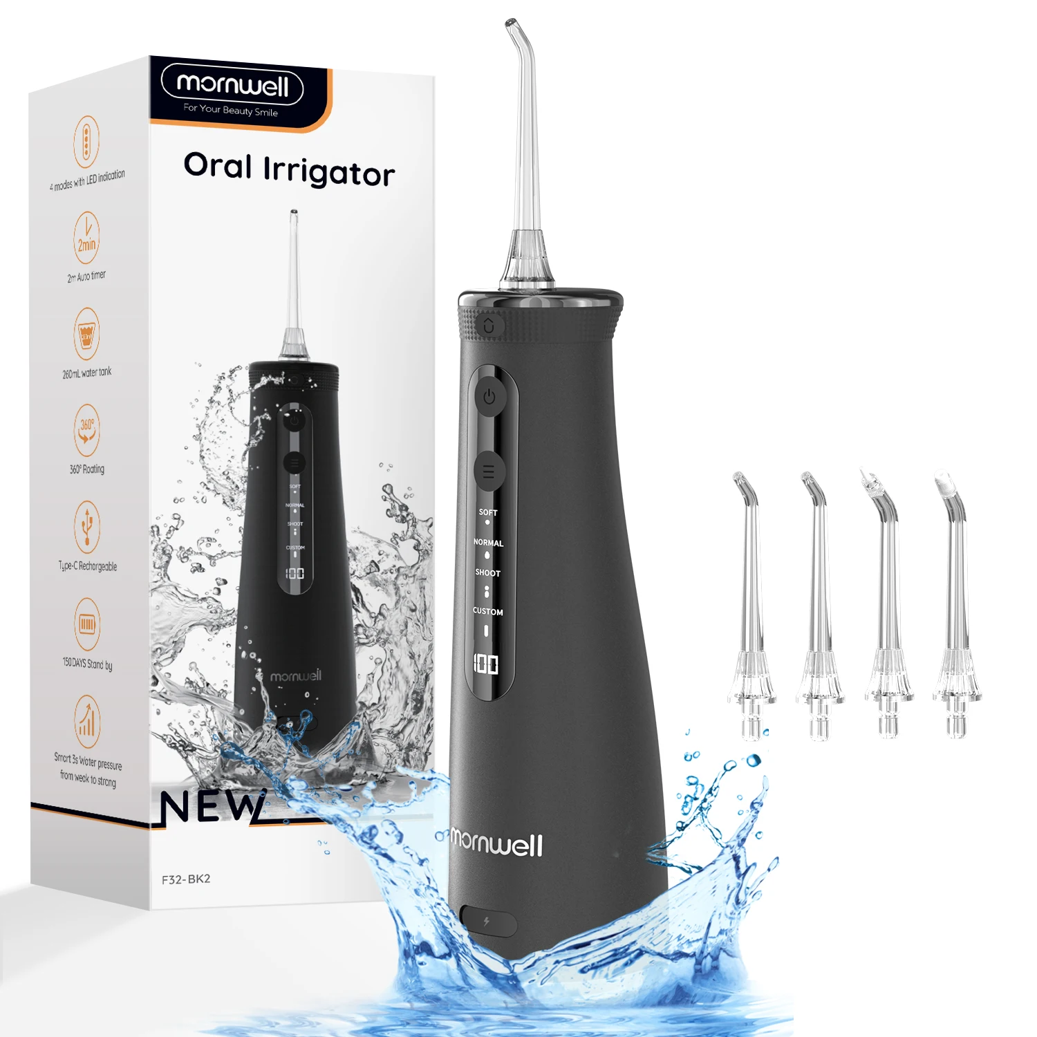 Mornwell F32 Oral Irrigator Dental Teeth Whitening Home Appliance Sonic Water Flosser 280ML Tank Teeth Cleaner Dental Water Jet