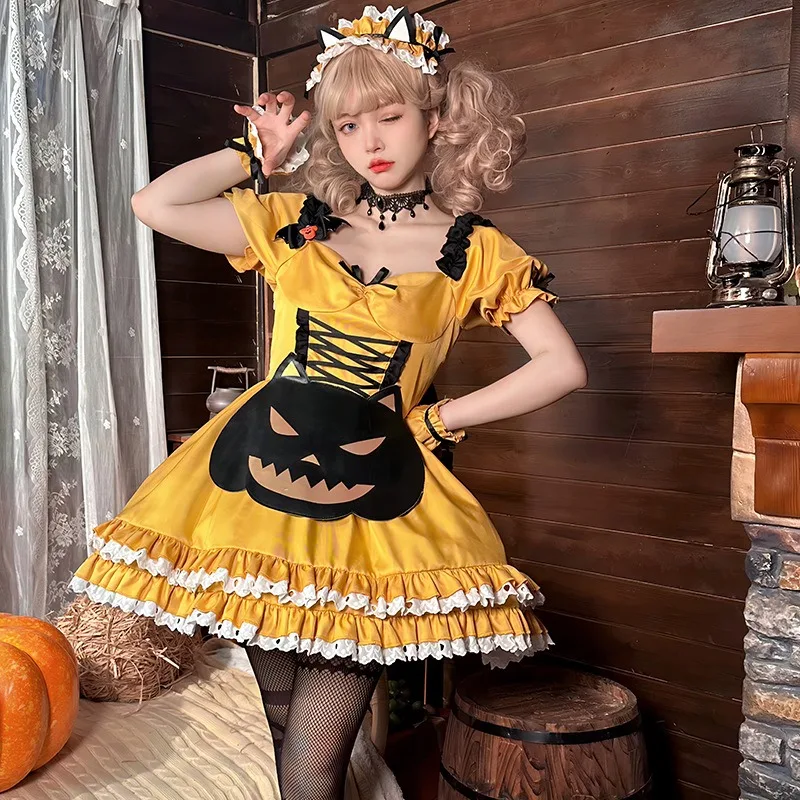 

Original 2024 New Halloween Pumpkin Color Maid Costume Cosplay Costume Magic Witch Pumpkin Lolita Skirt Suit Black Lolita Dress