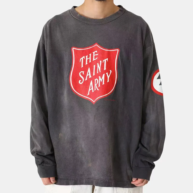 

Винтажная футболка свободного кроя с молнией и надписью American Sle, мужская футболка Long Sve round Ne ulaire Spring Faion