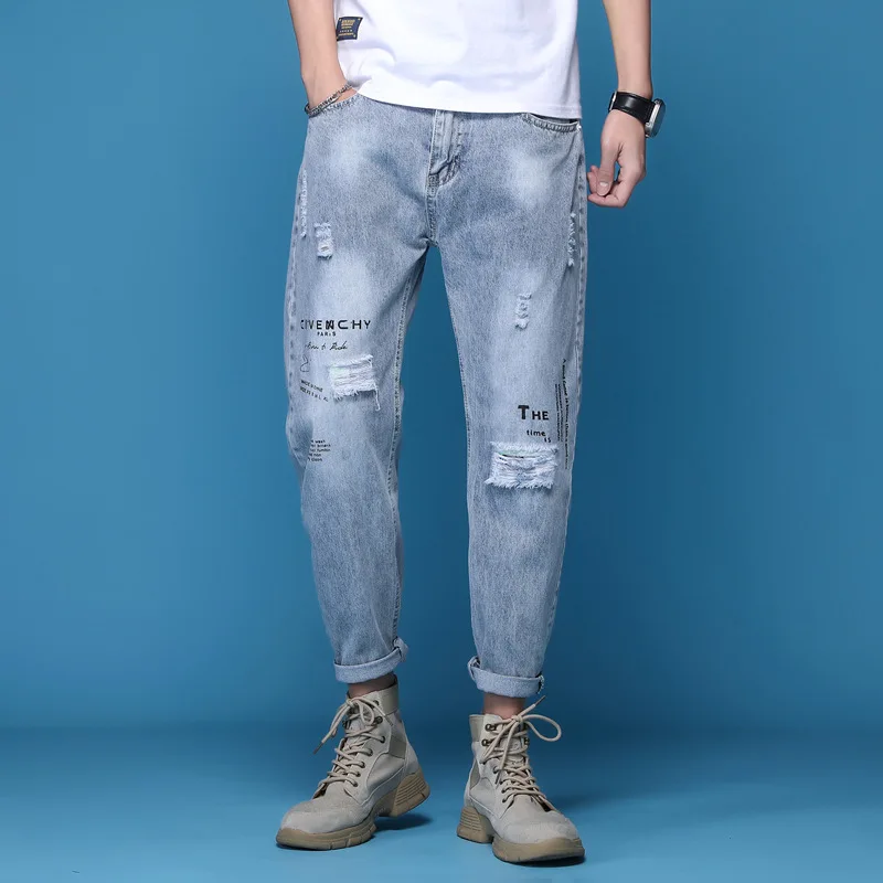 Gescheurde Jeans Heren Zomer Dunne Trendy Retro Gewassen Distressed Losse Elastische Lichtblauwe Denim Broek