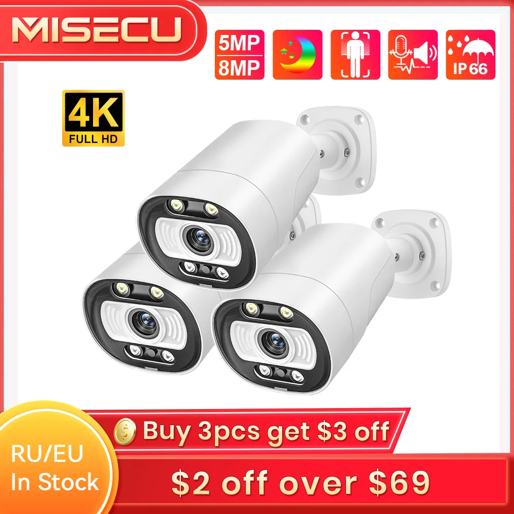 MISECU H.265 5MP 8MP 1-3PCS AI POE Camera Two-way Communication Human Detect Outdoor Camera For CCTV System Surveillance Camera