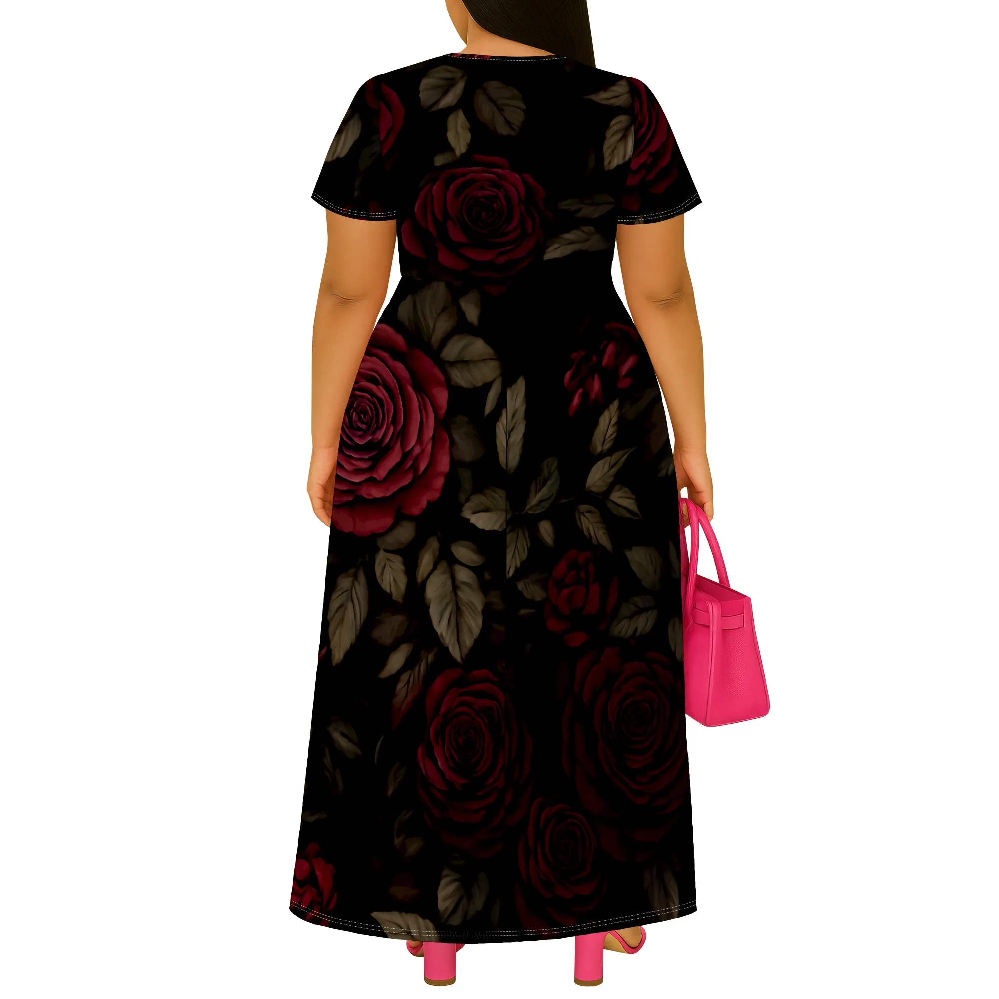 Vintage Rose Print Maxi Dress XL-6XL V-Neck Short Sleeve Wrap Style with Slit for Date Night, Evening Party or Fall Photoshoot