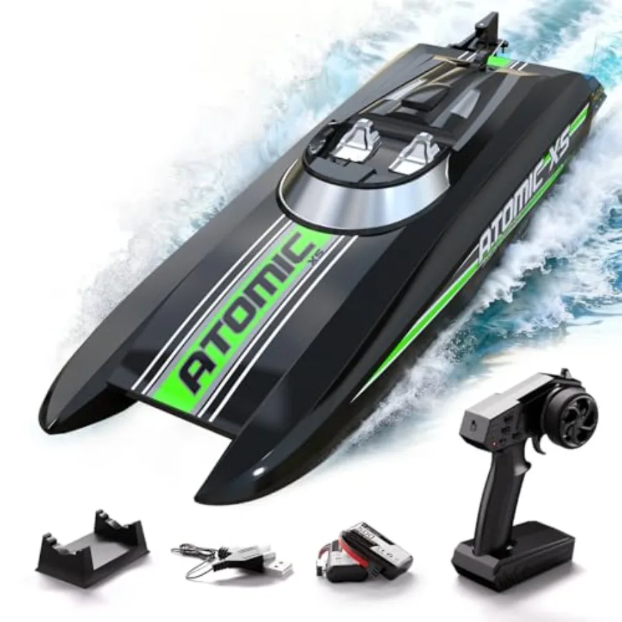 

High Speed RC Boat for Pools and Lakes 20+MPH Black AtomicXS with 2 Batteries Reverse Function Toy Boat Gift for Adults