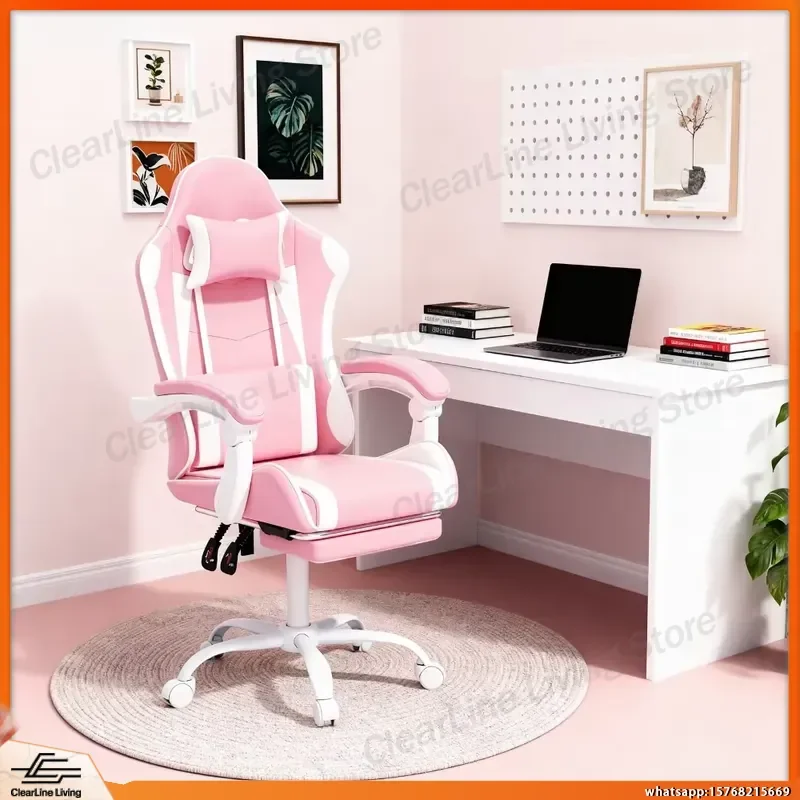 Pink Ergonomic Office Chair with Footrest Computer Desk Chair Swivel Reclining Mesh Back Adjustable Height Lumbar Support