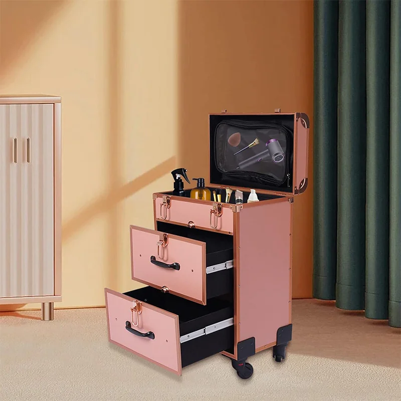 

Портативный кейс цвета розового золота с выдвижными ящиками для косметики и инструментов для маникюра, модный дорожный кейс для визажистов