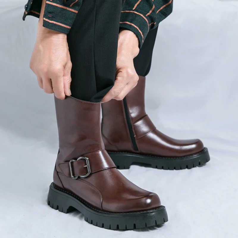 Fashion Luxury Men's Mid-calf Ankle Boots Genuine Leather Designer Business Shoes Toe Dress Wedding Office Boots Men Footwear