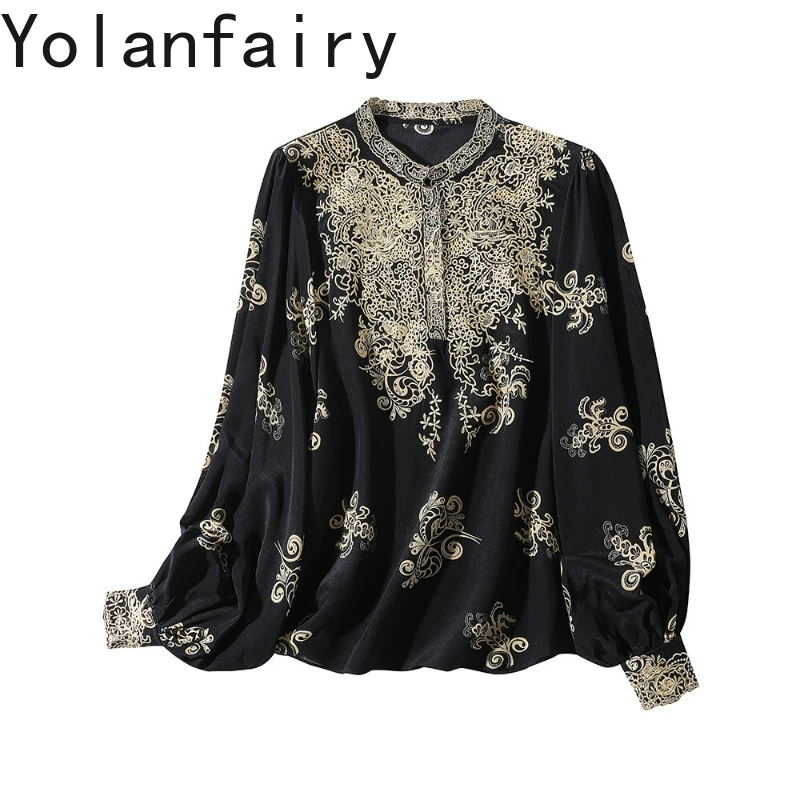 Yolanfairy high-end 100% genuíno seda amoreira camisa feminina bordado camisas de manga longa mulher vintage topos blusas estilo tribunal