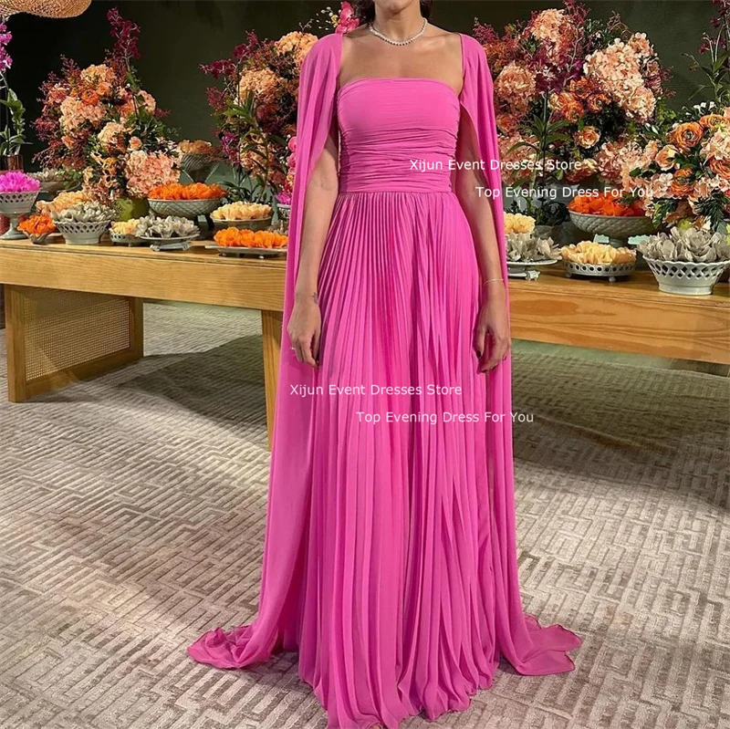 Xijun Hot Pink Chiffon Long Evening Dresses Cape Sleeves A-Line Prom Dresses Floor Length Formal Pleat Ruched Prom Gowns Elegant