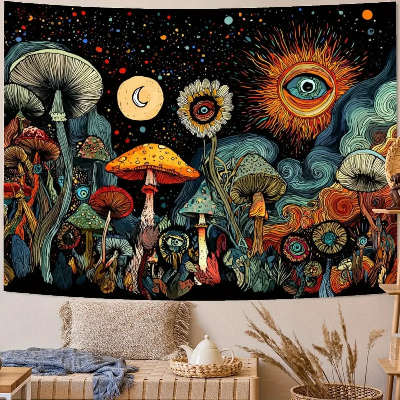 VIKAMA Pilzwald-Fantasie-Wandteppich, Hippie-Psychedelischer Wandbehang, Bohemian-Heimdekoration für Schlafzimmer, Wohnzimmer und Studentenwohnheim