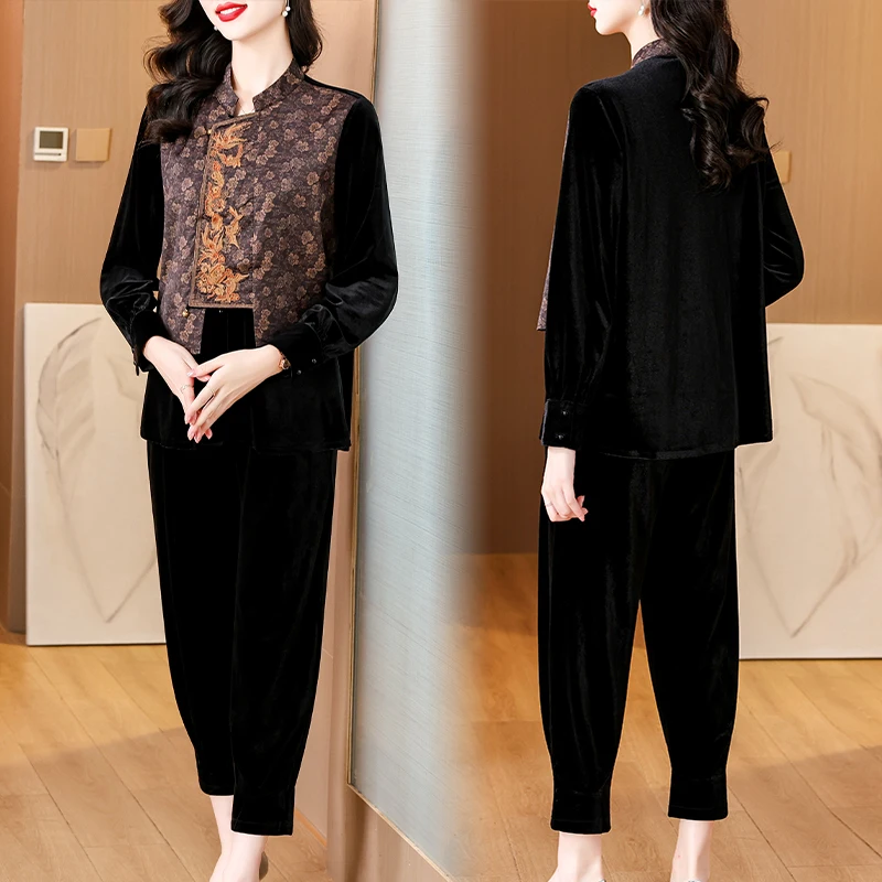 Autumn Black Velvet Long Sleeve Top Coat+Pants Skirt Two Piece Sets 2024 Female Chic Patchwork Beading Ruffled Pants Suits