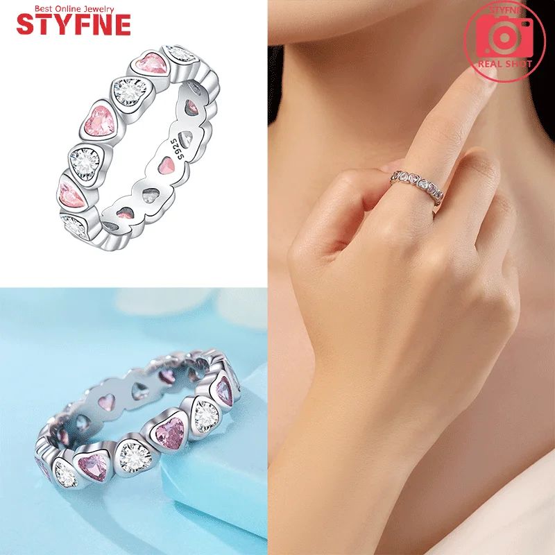 

New 925 Sterling Silver Pink White Heart Sparkling Exquisite Ring For Women's Wedding Jewelry Ring With Gift Bag