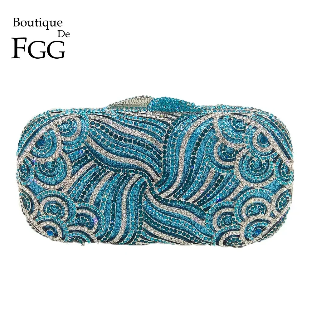 Boutique De FGG (w magazynie) niebieskie kopertówka wieczorowa damska torby na przyjęcie weselne torebki i portmonetki z kryształkami ślubnymi