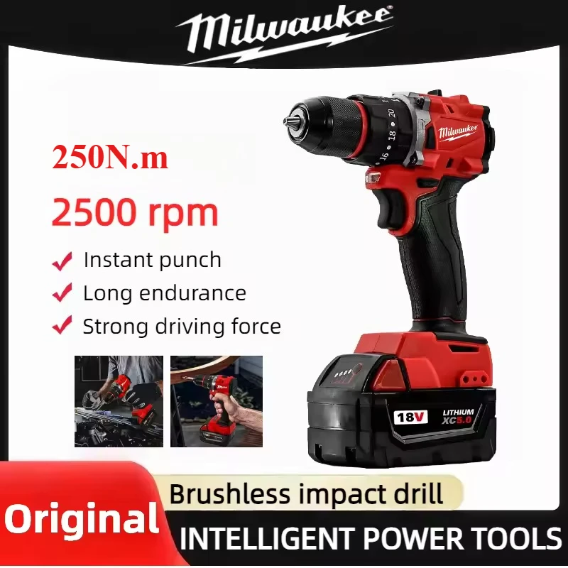 NIEUWE Milwaukee 250N.M Borstelloze Elektrische Klopboormachine LED Verlichting Accuschroevendraaier Oplaadbare 18V Batterij Motor Power Tool
