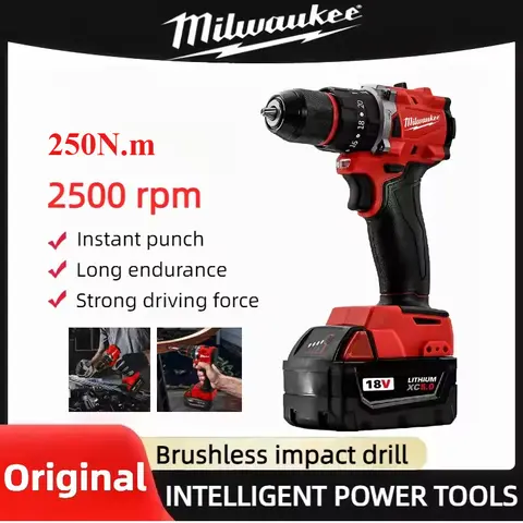 NEW Milwaukee 250N.M Brushless Electric Impact Drill LED Lighting Cordless Screwdriver Rechargeable 18V Battery Motor Power Tool