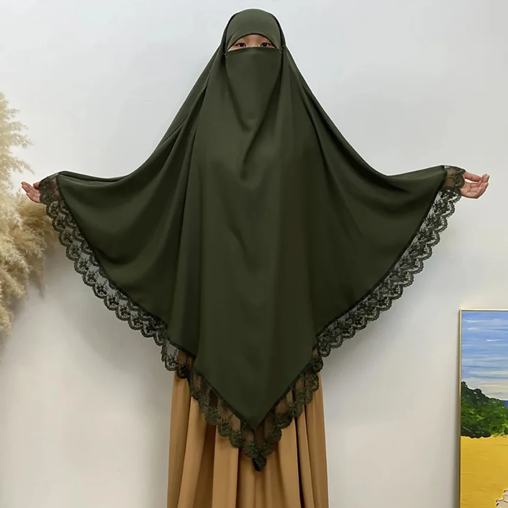 

Eid Lace Khimar Dubai Abaya Women Muslim Hijab Scarf Prayer Garment Niqab Burqa Robe Islam Jalabiya Djellaba Kebaya Headdress