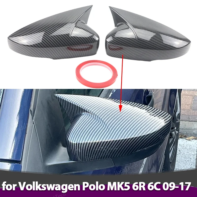 Carbon Pattern Horn shape Mirror cover Black mirror cover Overlay for Volkswagen VW Polo MK5 6R 6C 2009-17 ABS add-on sticker