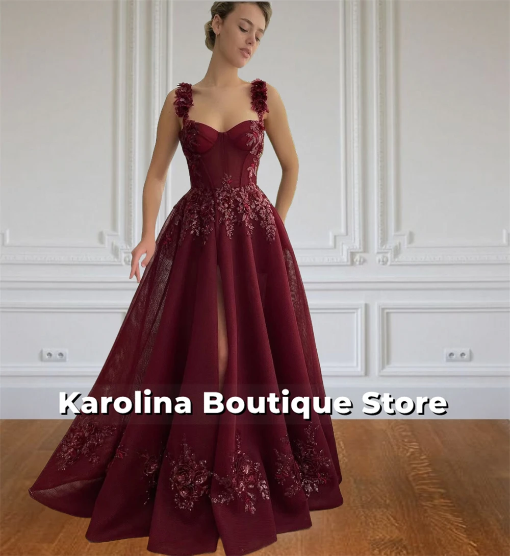 Dreamy Burgundy Spaghetti Arabic Evening Dresses Beaded Lace Appliques Flower 2025 Birthday Luxury Dress Dubai Party Customized