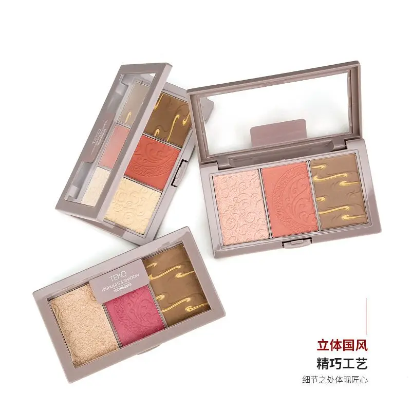 Bronchadores y resaltadores de estilo chino de corte, placa de contorno de rubor, sombra iluminadora brillante de perlas, maquillaje Natural mate