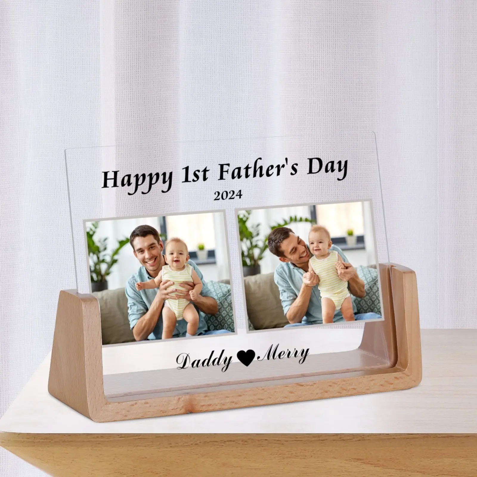 Customized Photo Frame Happy 1st Fathers Day Personalized Wooden Picture Frames with Stand Unique Gifts for Dad Papa Grandfather