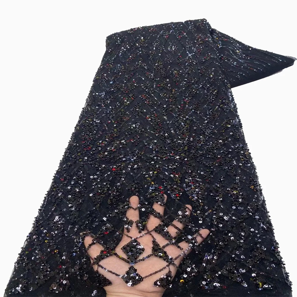 Luxury African Sequins Beaded Lace Fabric 2024 High Quality Groom Nigerian Wedding Bridal Embroidery French Tulle Sewing