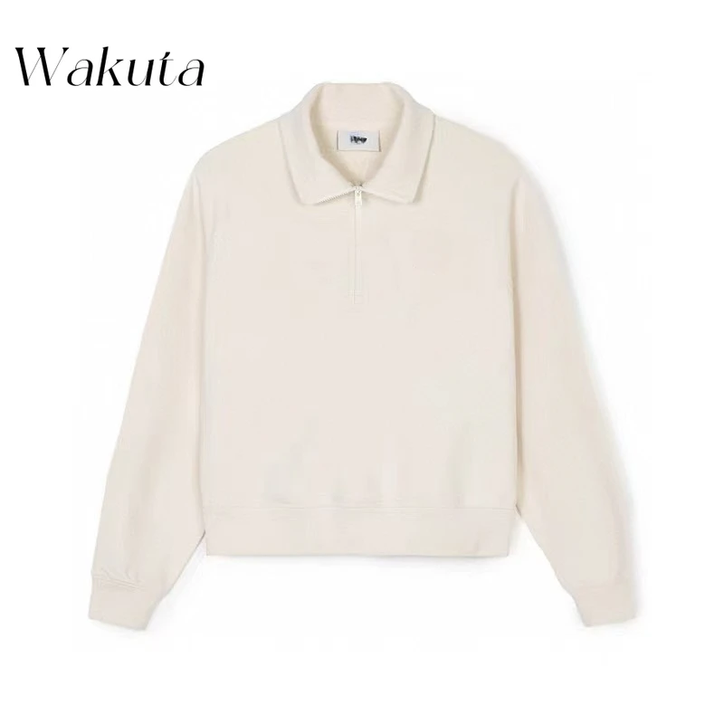 WAKUTA Classic Fall Stand-up Collar Long-sleeved Sweatshirts Fashion Half-zip Short Sweater Casual Street Versatile Goth Hoodies