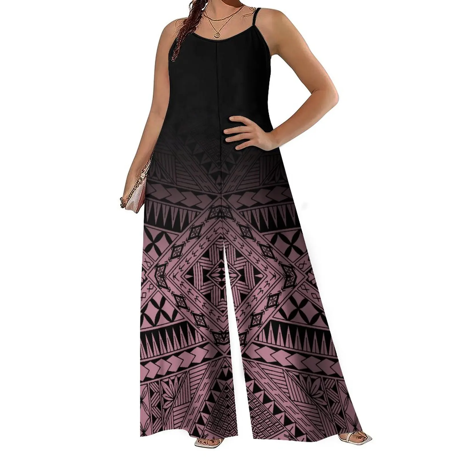 Women'S Halter Romper Loose Casual Wide Leg Pants Comfortable Fabric Tailored Polynesian Vintage Print Romper Pants