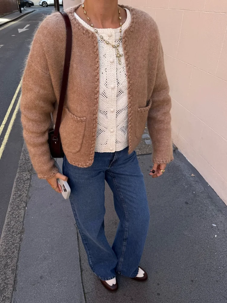 اليومية الصلبة قصيرة كابل سترة متماسكة المرأة عادية كم كامل انخفض الكتف اقتصاص محبوك بالأزرار سيدة الشارع تريكو #1