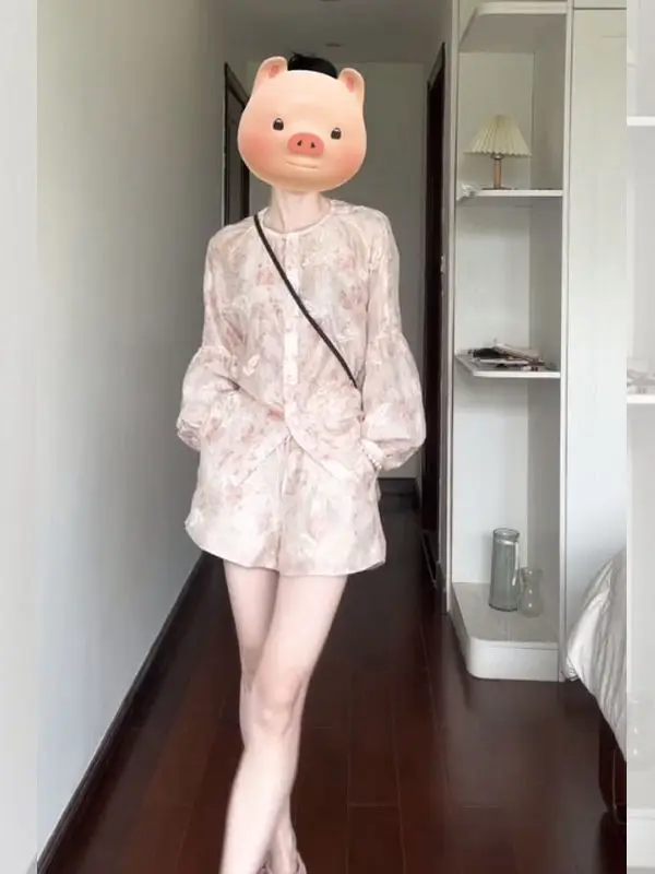 

Sweet Cherry Blossom Style Shirt And Shorts Set Summer 2026 Elegant Fragrance Trendy Long Sleeve Button up round Neck Tw...