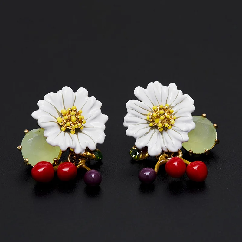 

French Fresh Fashion Sweet Enamel Glaze White Daisy Flower Green Opal Glass Mini Red Purple Cherry Pendant Earrings Ear Clips