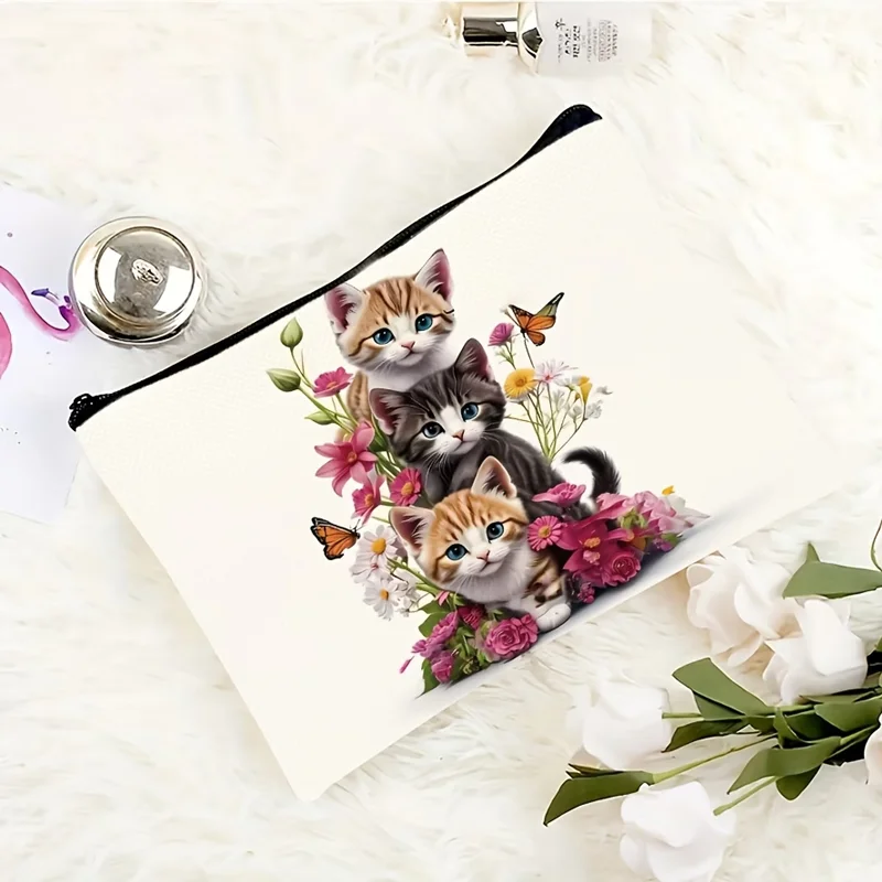 Cute Cat Makeup Bag Bright Floral Print Blue Eyed Kitten Portable Canvas Toiletry Bag Simple Zipper Design Storage Cosmetics Pho