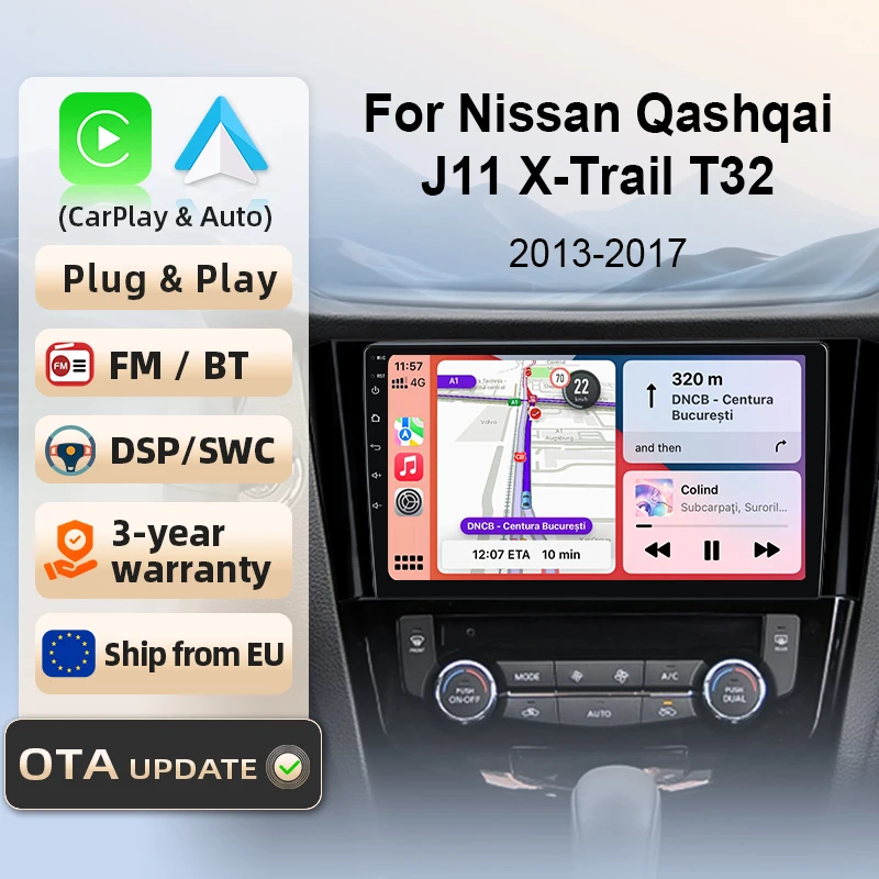 Autoradio pour Qashqai J11 X-Trail 32 2013-2017 avec CarPlay sans fil et Android Auto, amplificateur de subwoofer, systèmes intelligents, écran tactile IPS/QLED, caméra, DSP, GPS, navigation, WiFi, DAB+, FM, BT, SWC, Plug & Play, 2DIN, WiFi 4G, lecteur multimédia.